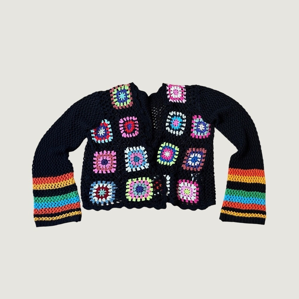SHEIN Cardigan Women Black Granny Square Rainbow Boho Crochet SIZE L